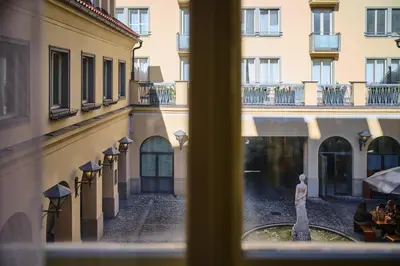 a view of a courtyard from a window at Apartment Mostecka in Prague