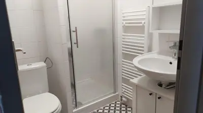 a bathroom with a shower and a toilet and a sink at Ubytování Na Pěšině - Private Parking in Prague
