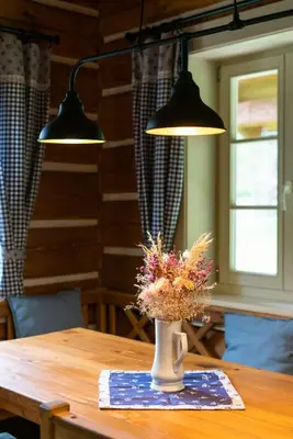 a vase of flowers on a table with two lights at Roubenka pod hradem Kokořín in Kaninský Dŭl