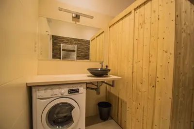 a laundry room with a washing machine and a sink at Royal Apartment with Sauna and Billiards in Prague