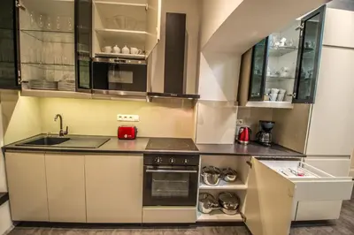 a kitchen with a sink and a stove at Royal Apartment with Sauna and Billiards in Prague