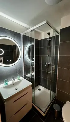 a bathroom with a shower and a sink at Studio apartments Kubanske in Prague