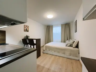 a small bedroom with a bed and a kitchen at Studio apartments Kubanske in Prague