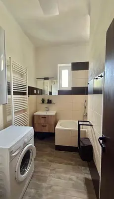 a bathroom with a washing machine and a bath tub at VilaVala in Nymburk
