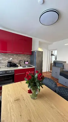 a kitchen with a table with a vase of flowers on it at VilaVala in Nymburk