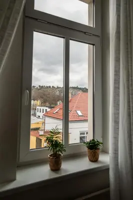 a plant in a hanging basket next to a window at Elegant Riverside Apartment with Breathtaking Rock Views in Prague