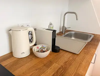 a kitchen counter with a sink and a coffee maker at Museum Park Apartment in Prague