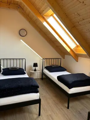 two beds in a attic bedroom with a skylight at Apartmány Hrachov in Svatý Jan