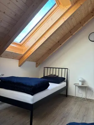 a bedroom with a bed and a skylight at Apartmány Hrachov in Svatý Jan