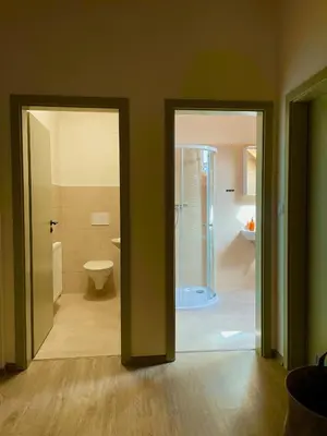 a bathroom with a shower and a toilet in a room at Apartmány Hrachov in Svatý Jan