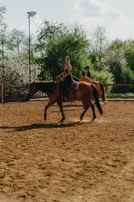 two people riding horses on a dirt field at Zážitkový Ranč Nevada in Velká Lečice