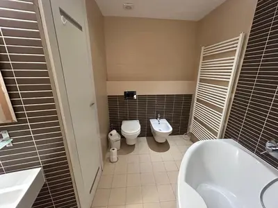 a bathroom with a tub and a toilet and a sink at Vip Prague Apartments Petrska 25 in Prague
