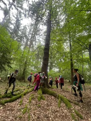 a group of people walking on a trail in the woods at Maringotka Waldeck in Ohrazenice