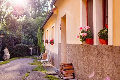 a row of benches next to a building with flowers at Statek Adámek in Borotice