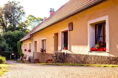 a house with flowers in the windows of it at Statek Adámek in Borotice