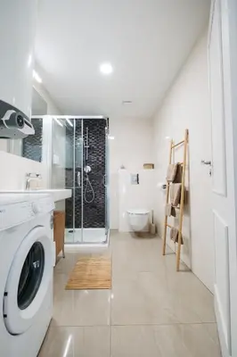 a bathroom with a washing machine and a shower at Modern Flat in Iconic Location in Prague