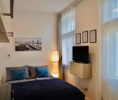 a bedroom with a bed with a television and a window at Blue Courtyard Retreat Quiet Green View in Prague