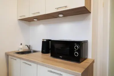 a microwave on a kitchen counter with a sink at Blue Courtyard Retreat Quiet Green View in Prague