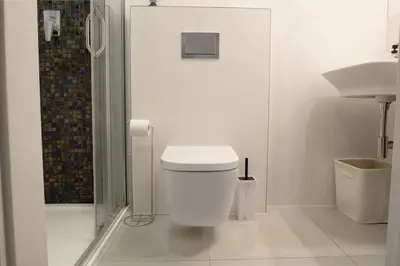 a white bathroom with a toilet and a shower at Blue Courtyard Retreat Quiet Green View in Prague