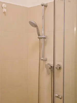 a shower with a shower head in a bathroom at Quiet and spacious flat near city centre in Prague 3 in Prague