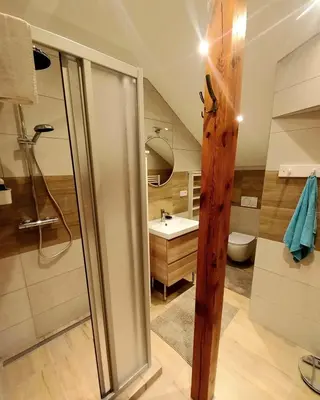 a bathroom with a shower and a sink and a toilet at Apartment Dreamy Valley in Nenačovice