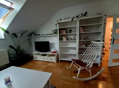 a living room with a chair and a television at Apartment Dreamy Valley in Nenačovice