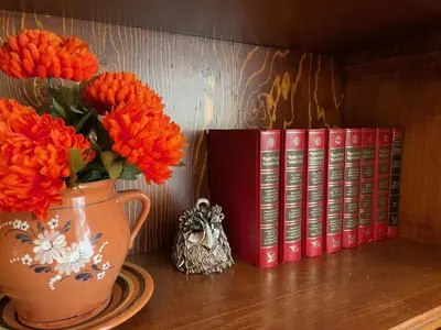 a vase with orange flowers in it next to books at Apartment Flora Lobkovic in Prague