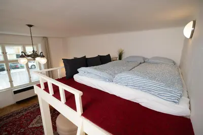 a bedroom with a large bed with a red rug at Prague Vinohrady Apartment in Prague