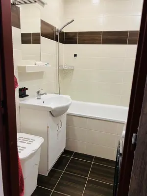 a bathroom with a sink and a toilet and a tub at Chodov apartmán in Prague