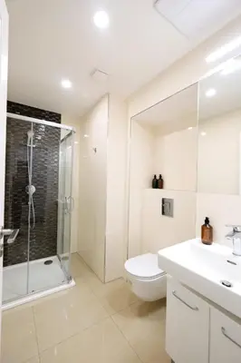 a bathroom with a shower and a toilet and a sink at Luxemi Apartments I Wenceslas Square in Prague