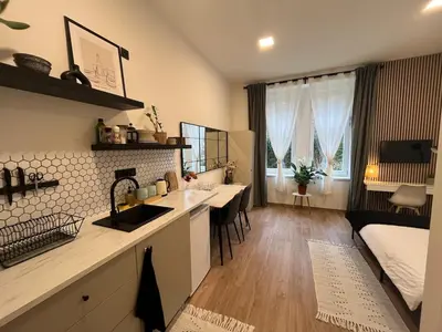a kitchen and living room with a sink and a bed at Bright and cozy studio 15 minutes to city center in Prague