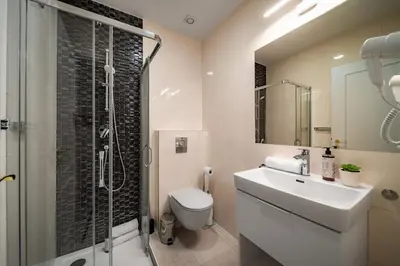 a bathroom with a toilet and a sink and a shower at Cozy nest - Perfect for Two in Prague