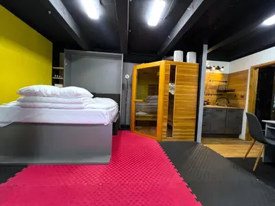a room with a bed and a red carpet at Apartment Sport & Sauna Prague in Prague