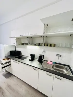 a kitchen with white cabinets and a sink at New apartment near Wenceslas Square in Prague