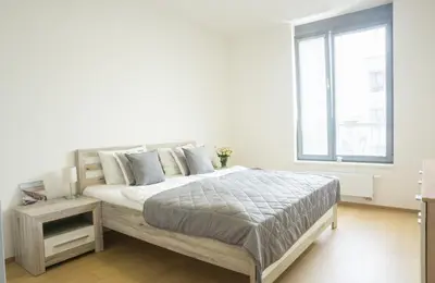 a white bedroom with a bed and a window at Waltrovka One bed room apartment in Prague