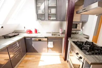 a kitchen with a sink and a stove top oven at Kozi Loft Residence Prague Old Town in Prague