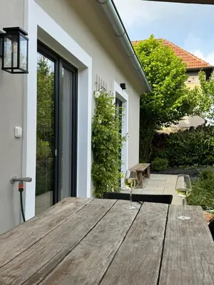 two glasses of wine on a wooden table in front of a house at Private house with garden in Nový Jáchymov