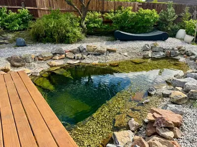 a pond with a wooden bench in a garden at Private house with garden in Nový Jáchymov