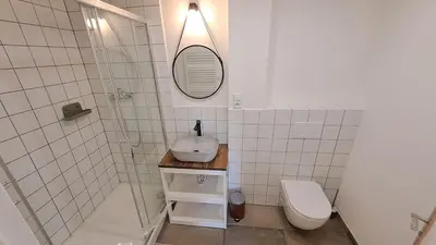 a bathroom with a toilet and a sink and a mirror at Prague Urban Oasis Loft in Prague