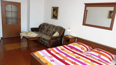 a bedroom with a bed and a couch and a chair at Apartments Rokytka - Praha in Prague