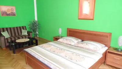 a bedroom with a bed and a green wall at Apartments Rokytka - Praha in Prague