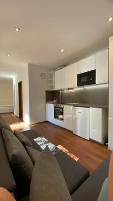 a living room with a couch and a kitchen at Garden house on the Vltava riverbank 15 min to Prague in Kralupy nad Vltavou