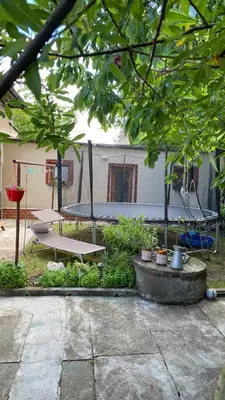 a garden with a swing and a picnic table at Garden house on the Vltava riverbank 15 min to Prague in Kralupy nad Vltavou