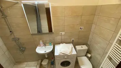 a bathroom with a sink and a toilet and a mirror at Garden house on the Vltava riverbank 15 min to Prague in Kralupy nad Vltavou