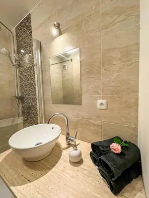 a bathroom with a white sink and a shower at Sunny Flat with Terrace & Park View Near City Centre in Prague