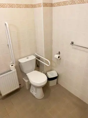 a bathroom with a white toilet and a trash can at Hotel Marianeum in Prague
