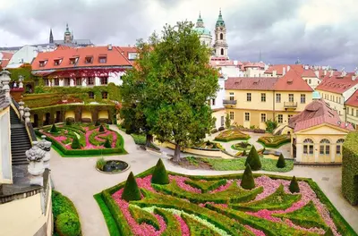 an aerial view of a garden in a city at Apartment with terrace in Prague Center in Prague