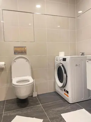 a bathroom with a toilet and a washing machine at Harmony106 in Prague