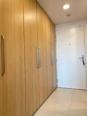 a room with wooden cabinets and a white door at Harmony106 in Prague