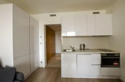 a white kitchen with white cabinets and a sink at Harmony106 in Prague
